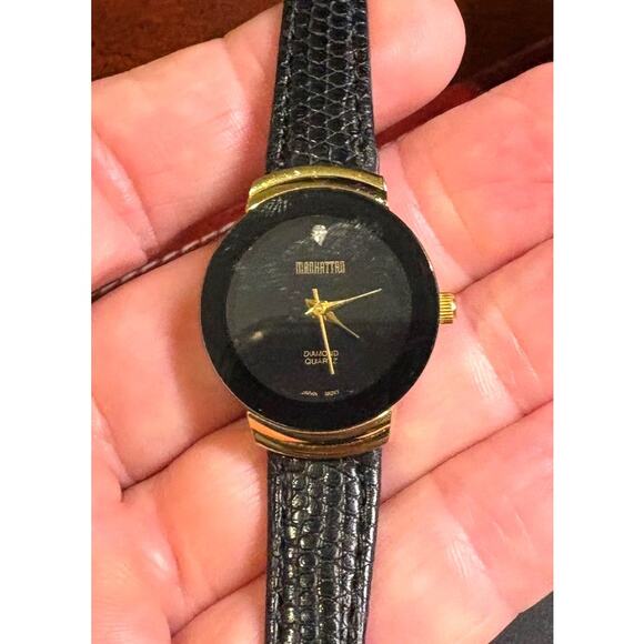 Women's Gold Tone Manhattan Diamond Watch, Black Face and Bezel, Leather Band - Picture 2 of 3